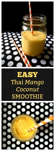 Once you make this super easy tropical Thai Mango Coconut Smoothie full of mango, coconut milk, and a hint of sweetened condensed milk, you will feel like you're sipping it on the beaches of Thailand!