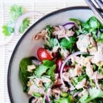 Lemony lemongrass, spicy Thai chilis, crisp red onion, ginger kick, cool kale, fresh cilantro and of course a little garlic and fish sauce...and canned tuna. Thai tuna salad is the best tuna salad you've ever had! | thai-foodie.com