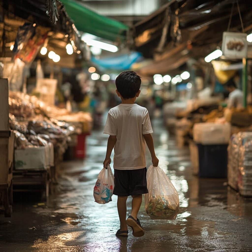 Thai boy walking in a Thai market.