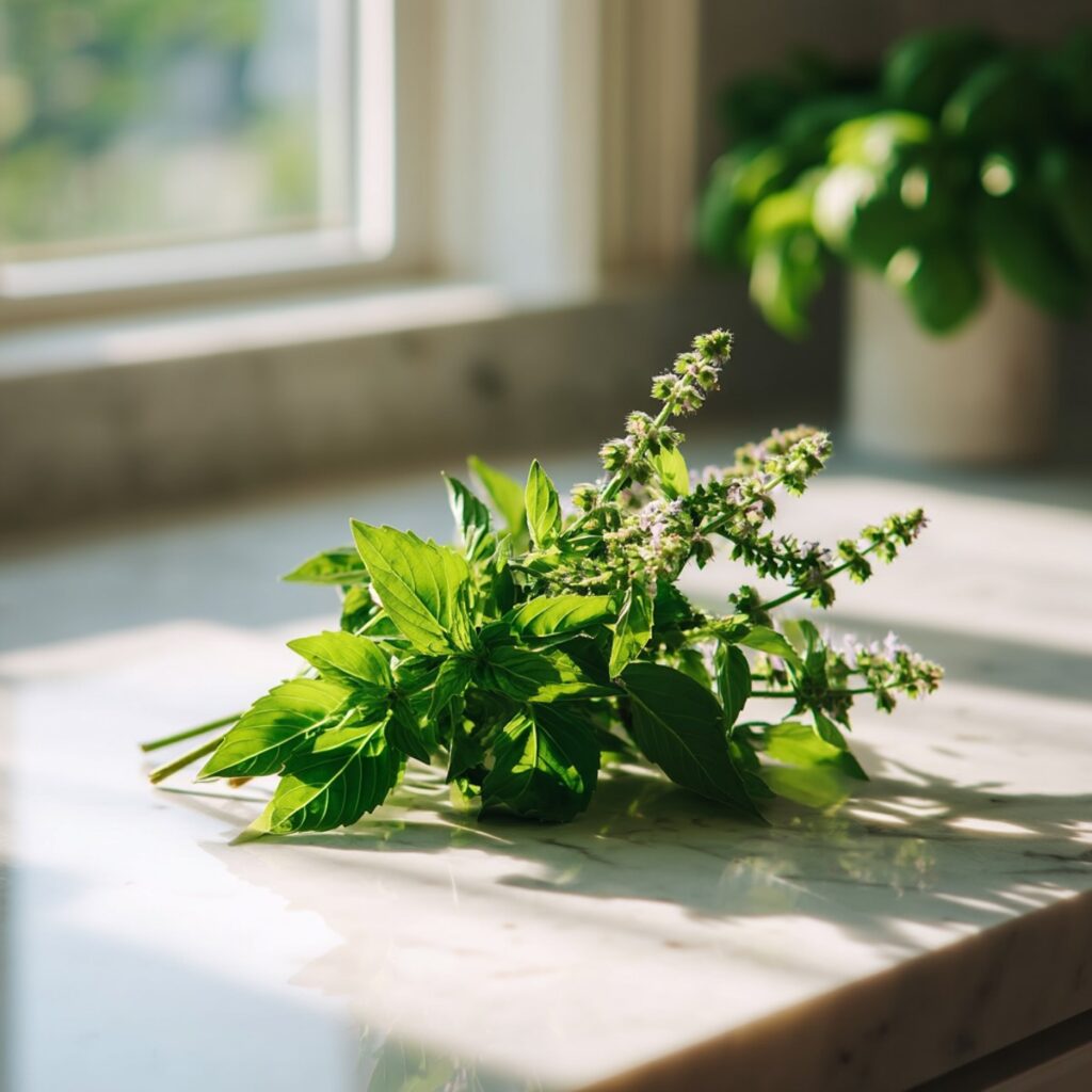 holy basil on counter