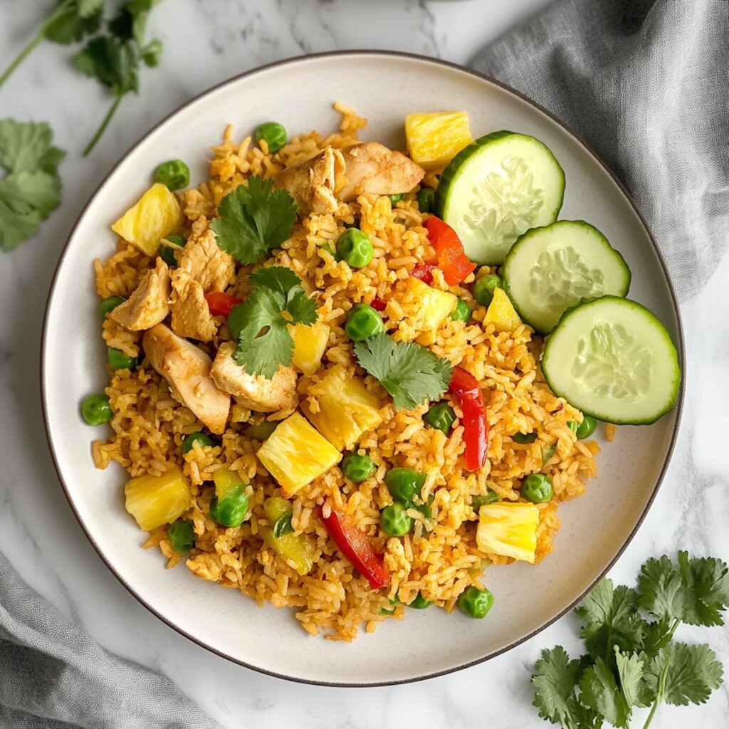 chicken pineapple fried rice plated cucumbers