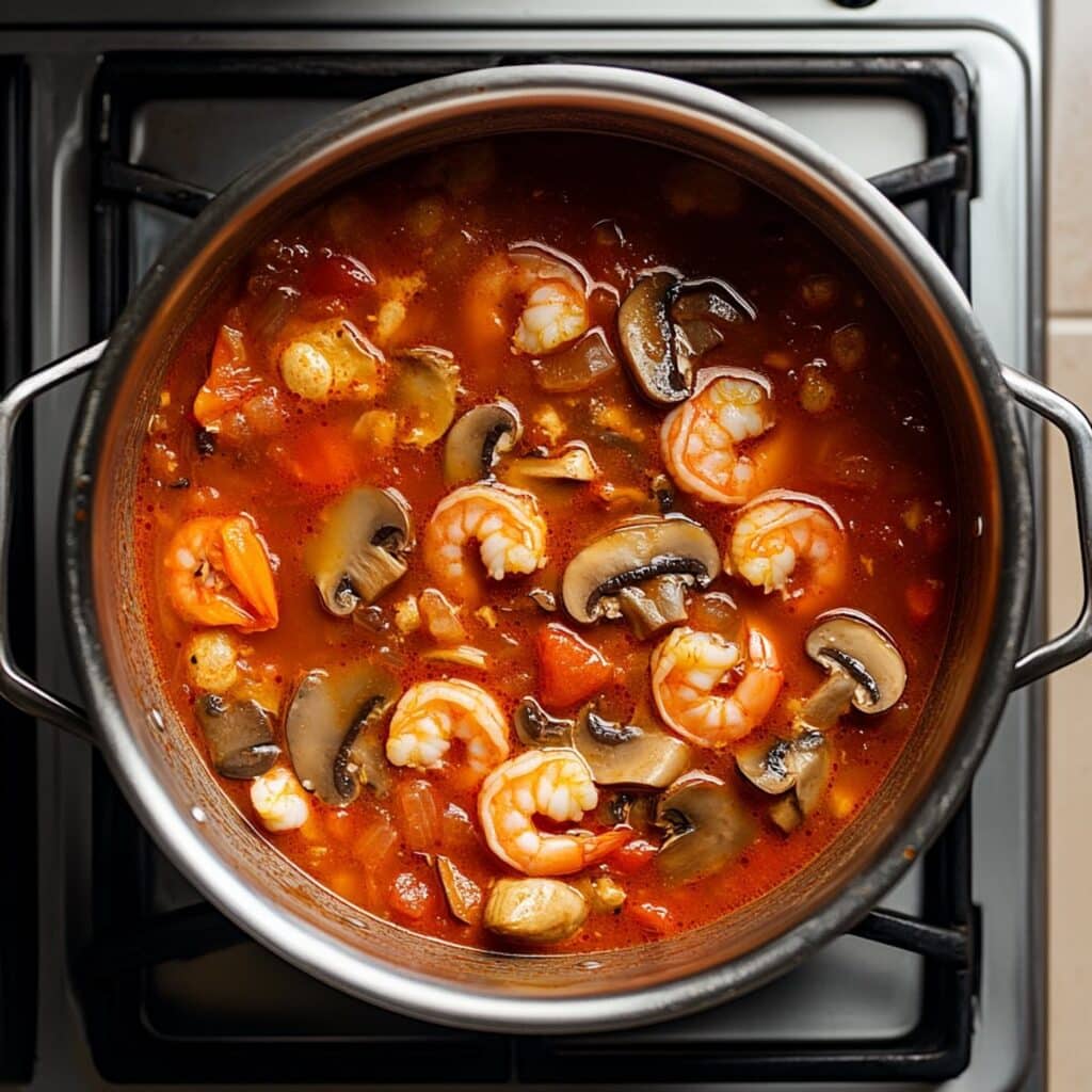 shrimp and mushrooms added to tom yum soup noodles