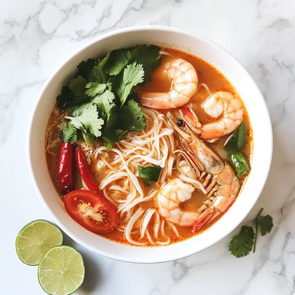 tom yum soup noodles in white bowl