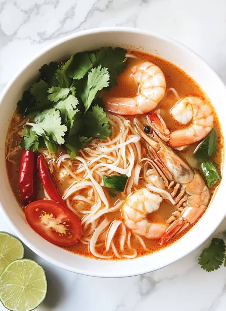 tom yum soup noodles in white bowl