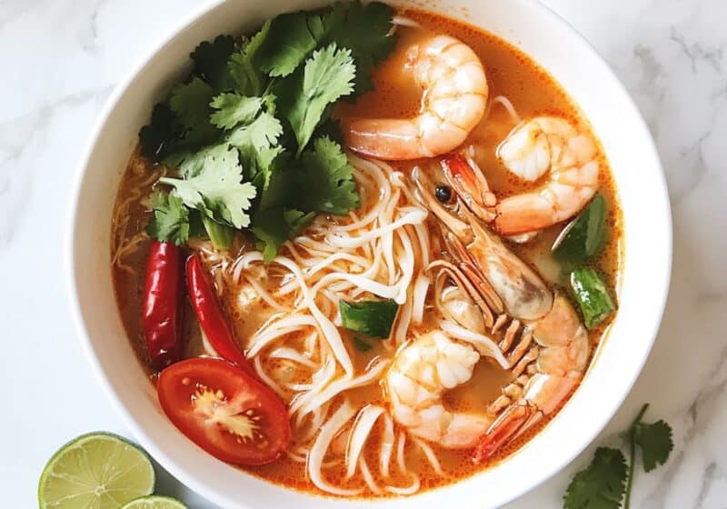 tom yum soup noodles in white bowl