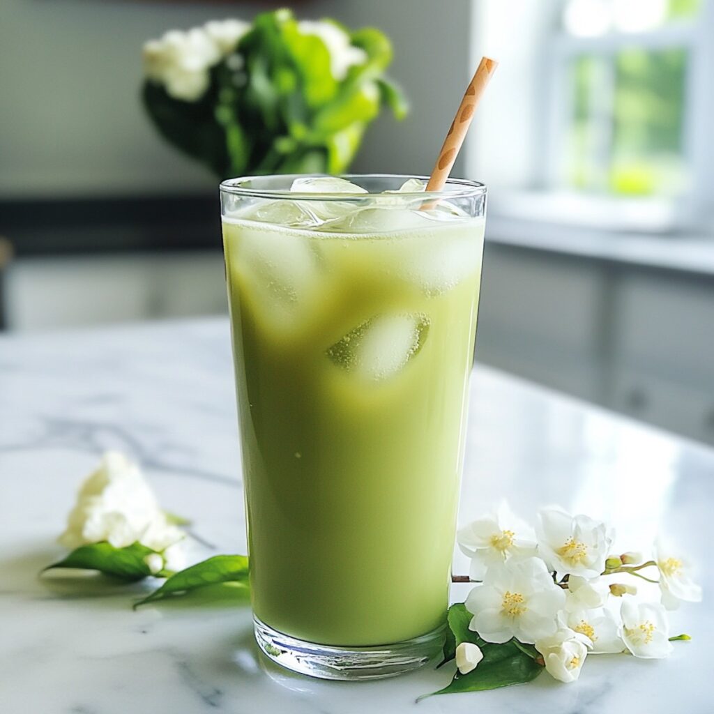 thai green milk tea in a glass with jasmine flowers