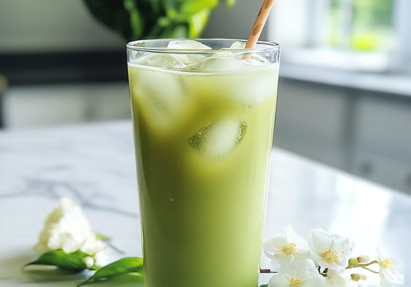 thai green milk tea in a glass with jasmine flowers